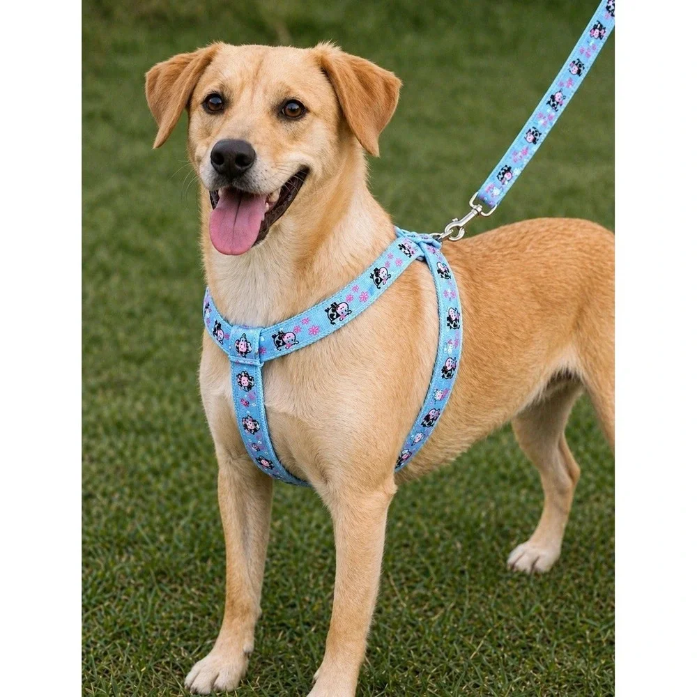 Dog Harness & Leash Set Adjustable For Small / Medium Dogs Blue Cow Print